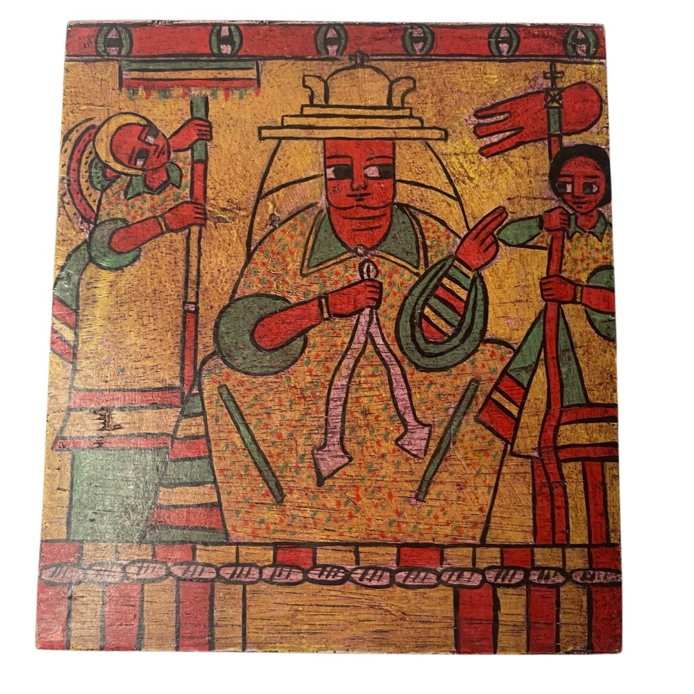 Ethiopian Coptic Art Hand Painted Wooden Jewelry Trinket Box Folk Art Figure Red